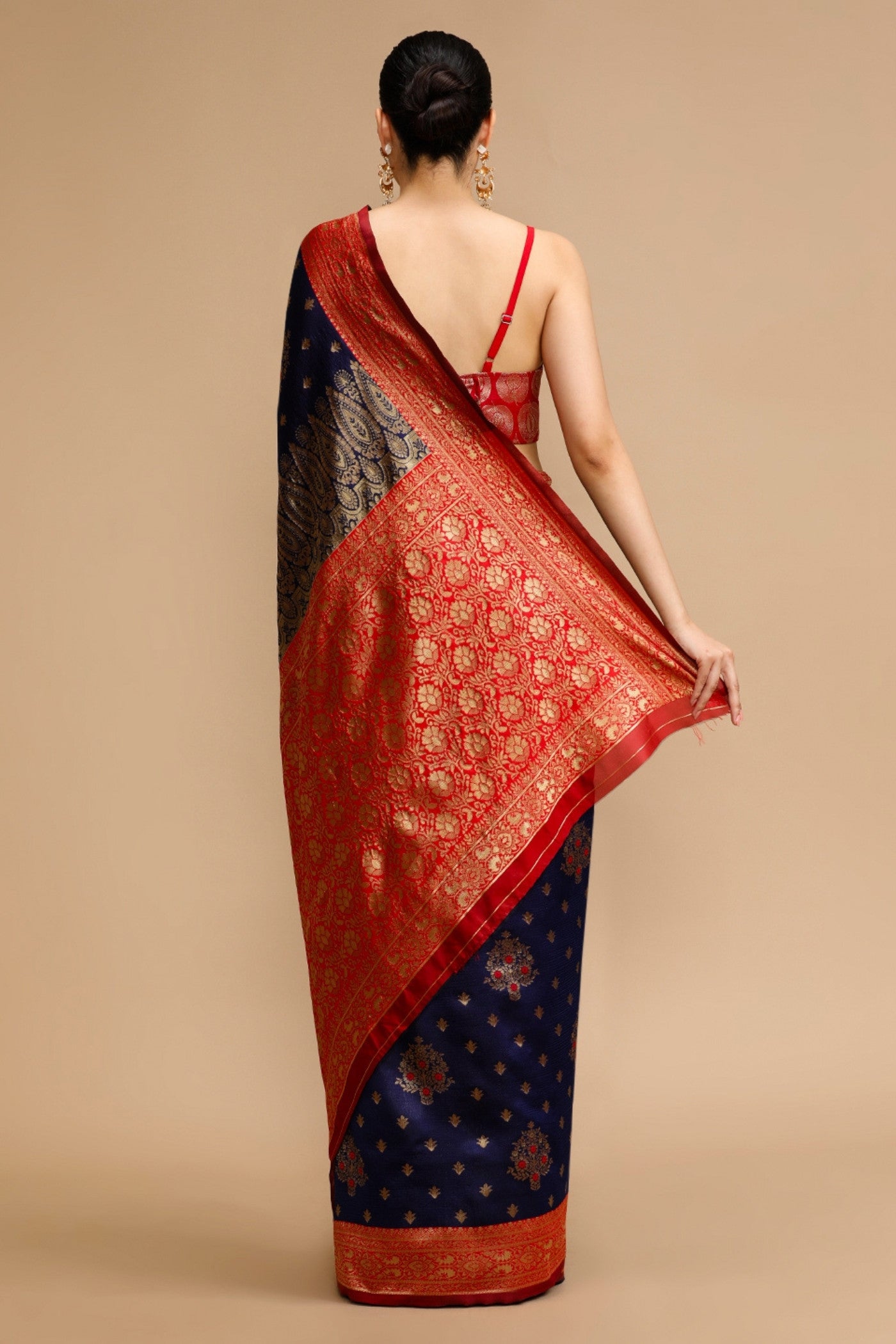 Buy MySilkLove Midnight Blue and Red Woven Jacquard Lichi Silk Saree Online
