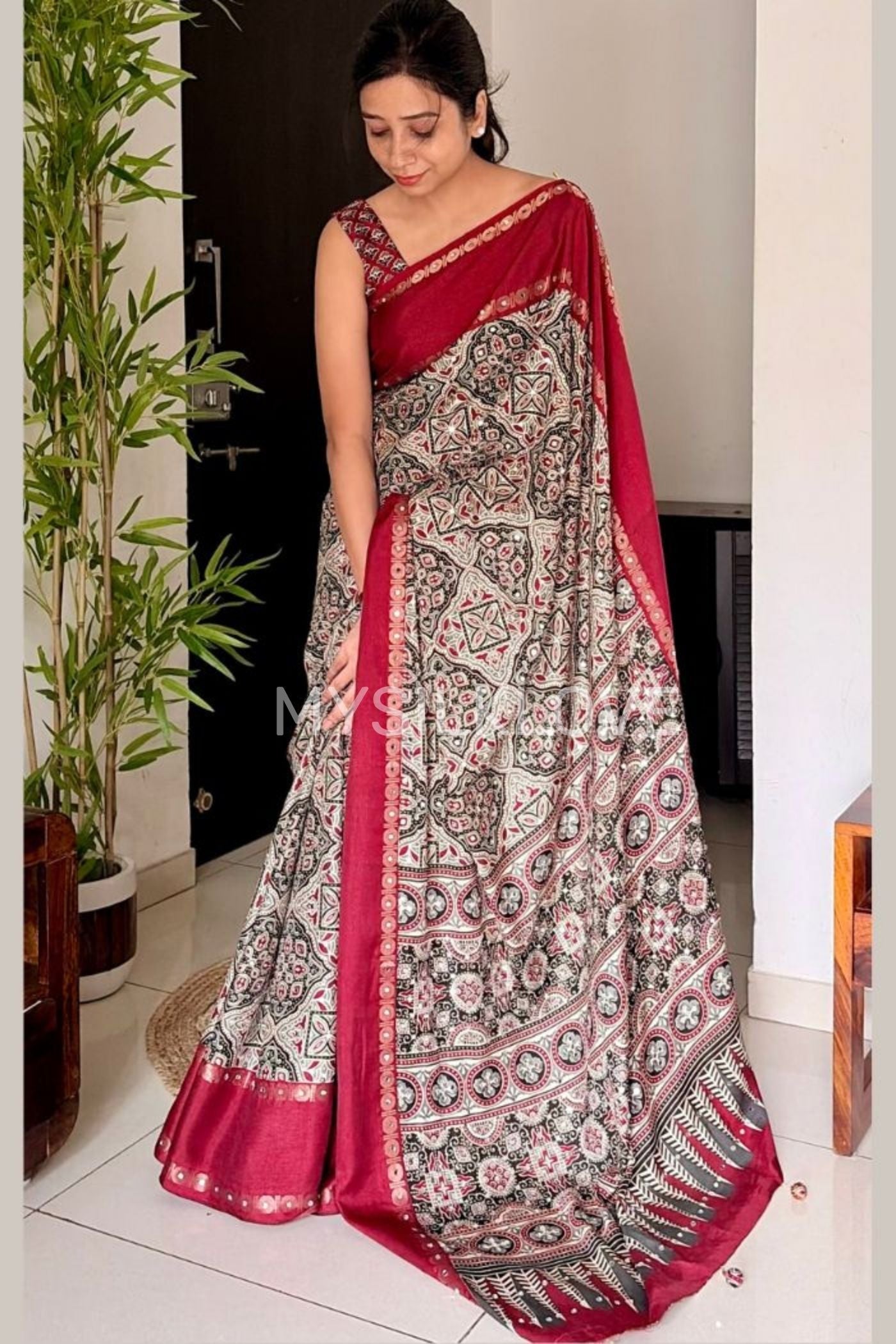 Buy MySilkLove Maroon Border Black and White Ajrakh Printed Satin Silk Saree Online