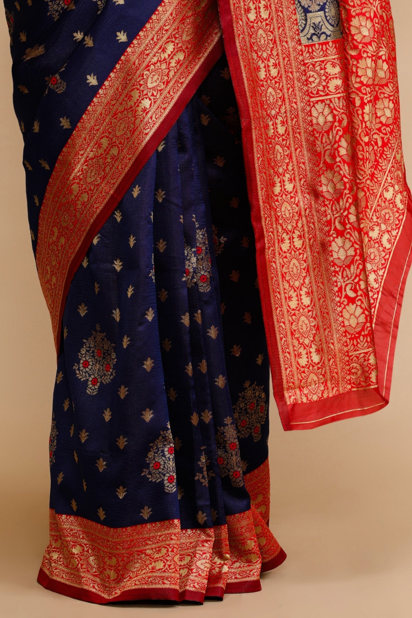 Buy MySilkLove Midnight Blue and Red Woven Jacquard Lichi Silk Saree Online