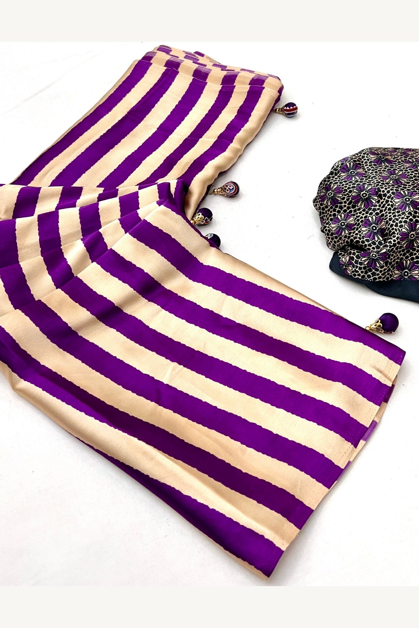 Buy MySilkLove Plum Purple Stripe Ajrakh Printed Satin Gaji Silk Saree Online