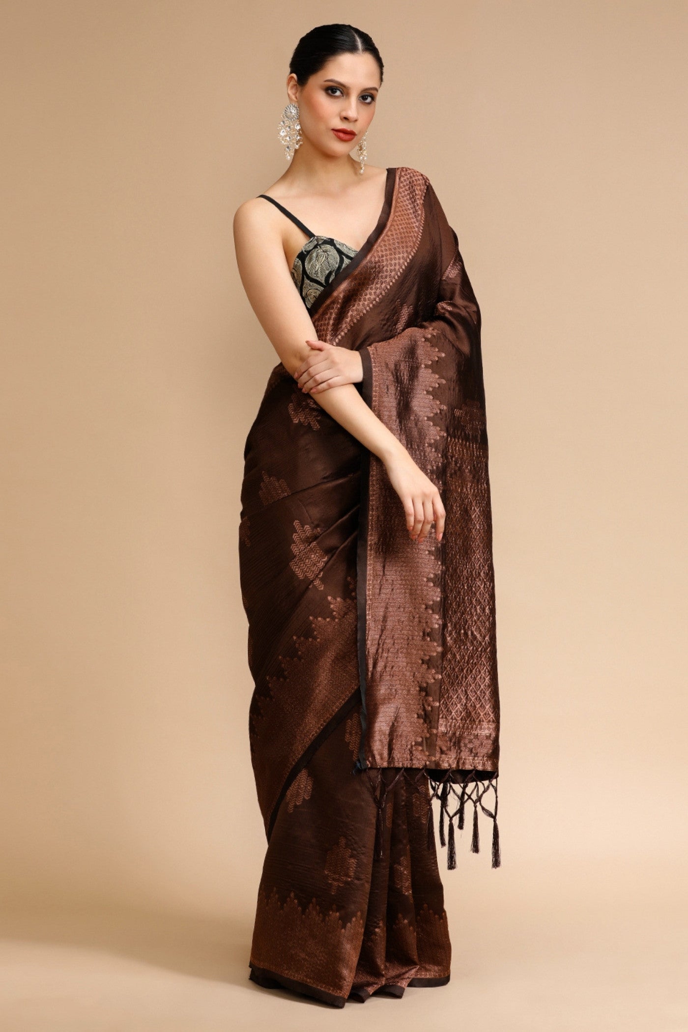 Buy MySilkLove Ginger Brown Woven Jacquard Lichi Silk Saree Online