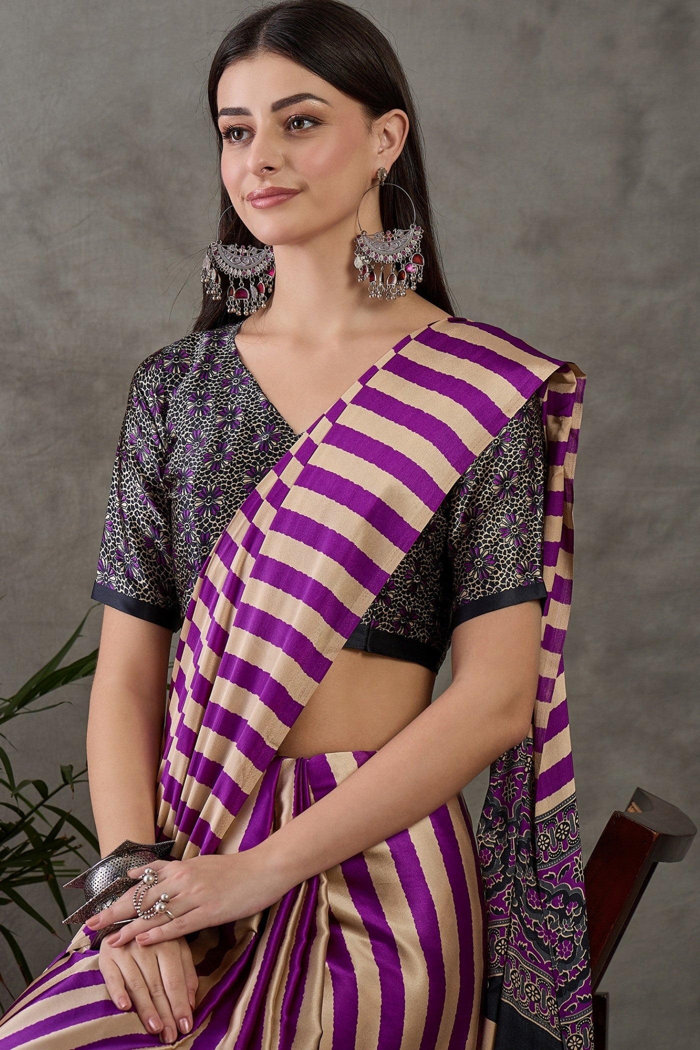 Buy MySilkLove Plum Purple Stripe Ajrakh Printed Satin Gaji Silk Saree Online