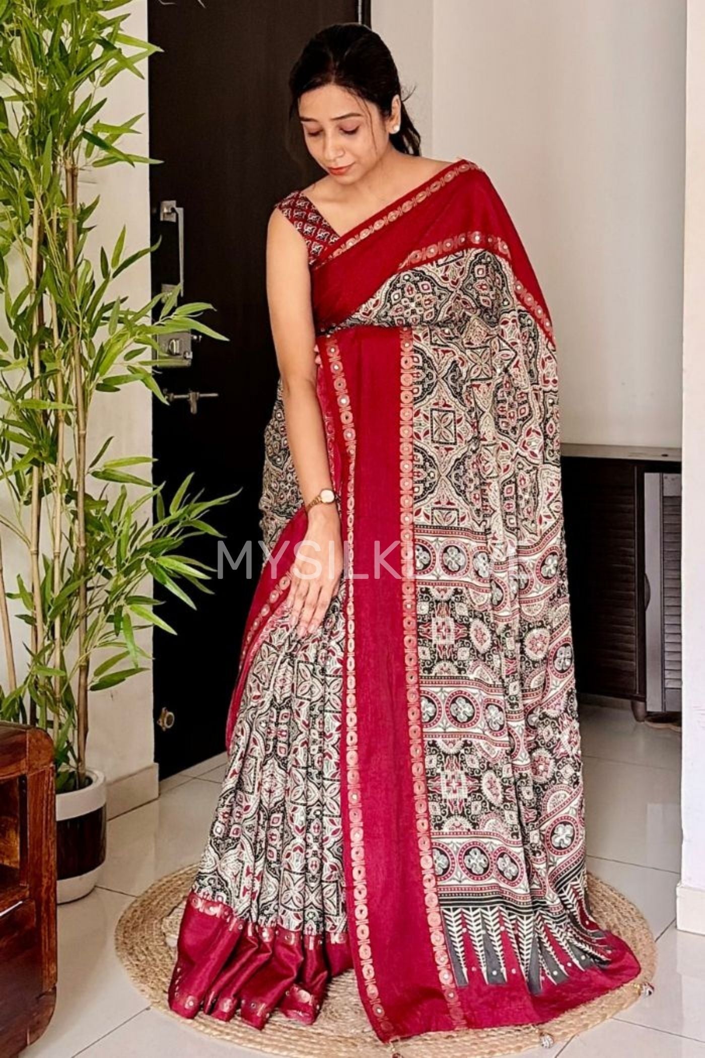 Buy MySilkLove Maroon Border Black and White Ajrakh Printed Satin Silk Saree Online