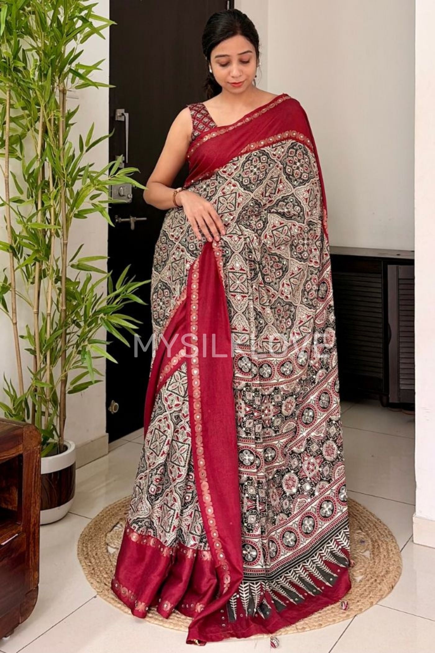 Buy MySilkLove Maroon Border Black and White Ajrakh Printed Satin Silk Saree Online