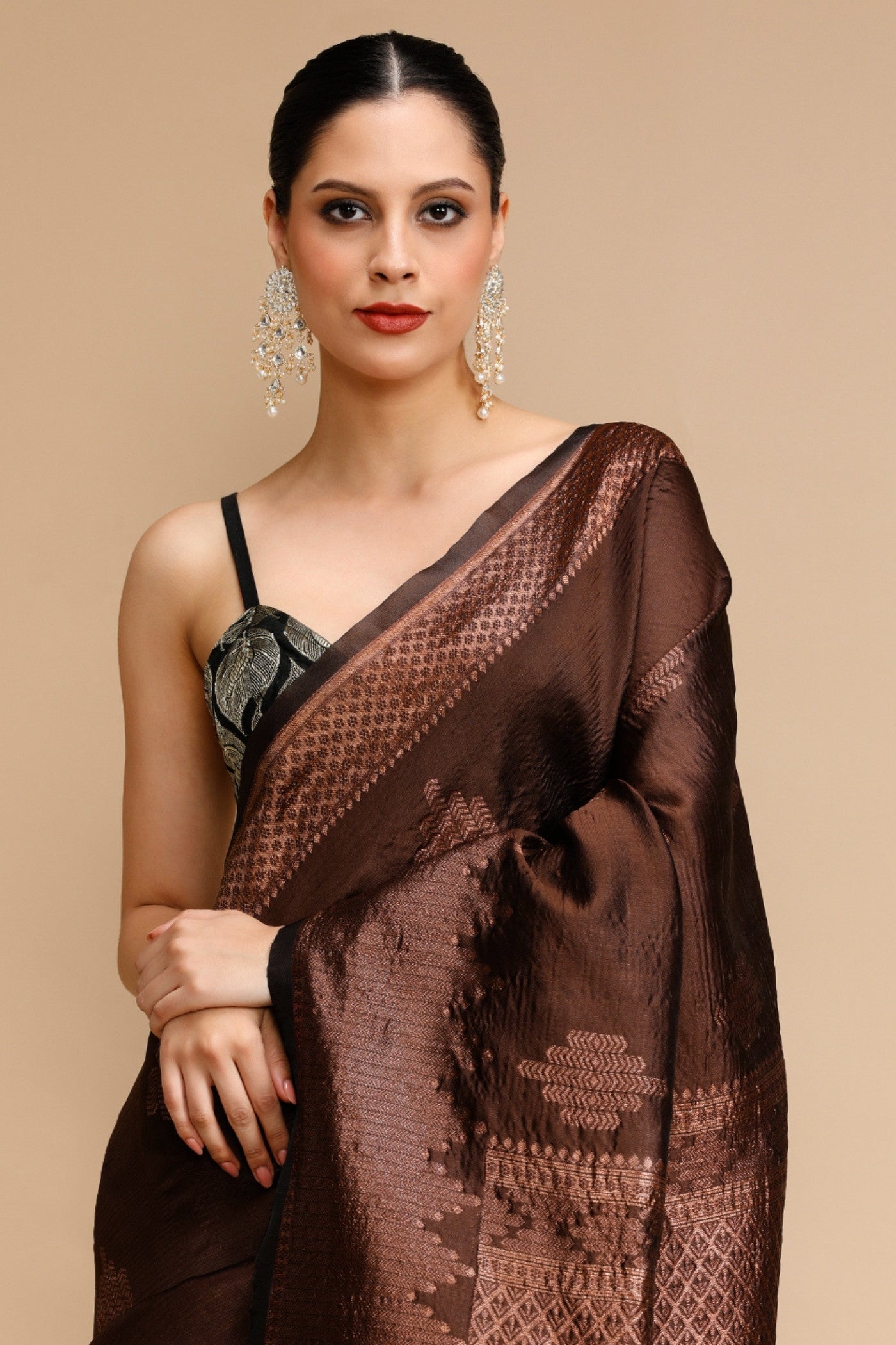 Buy MySilkLove Ginger Brown Woven Jacquard Lichi Silk Saree Online