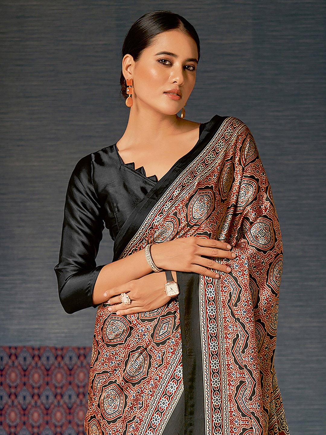 Buy MySilkLove Chocolate Brown Digital Printed Ajrakh Satin Crepe Saree Online