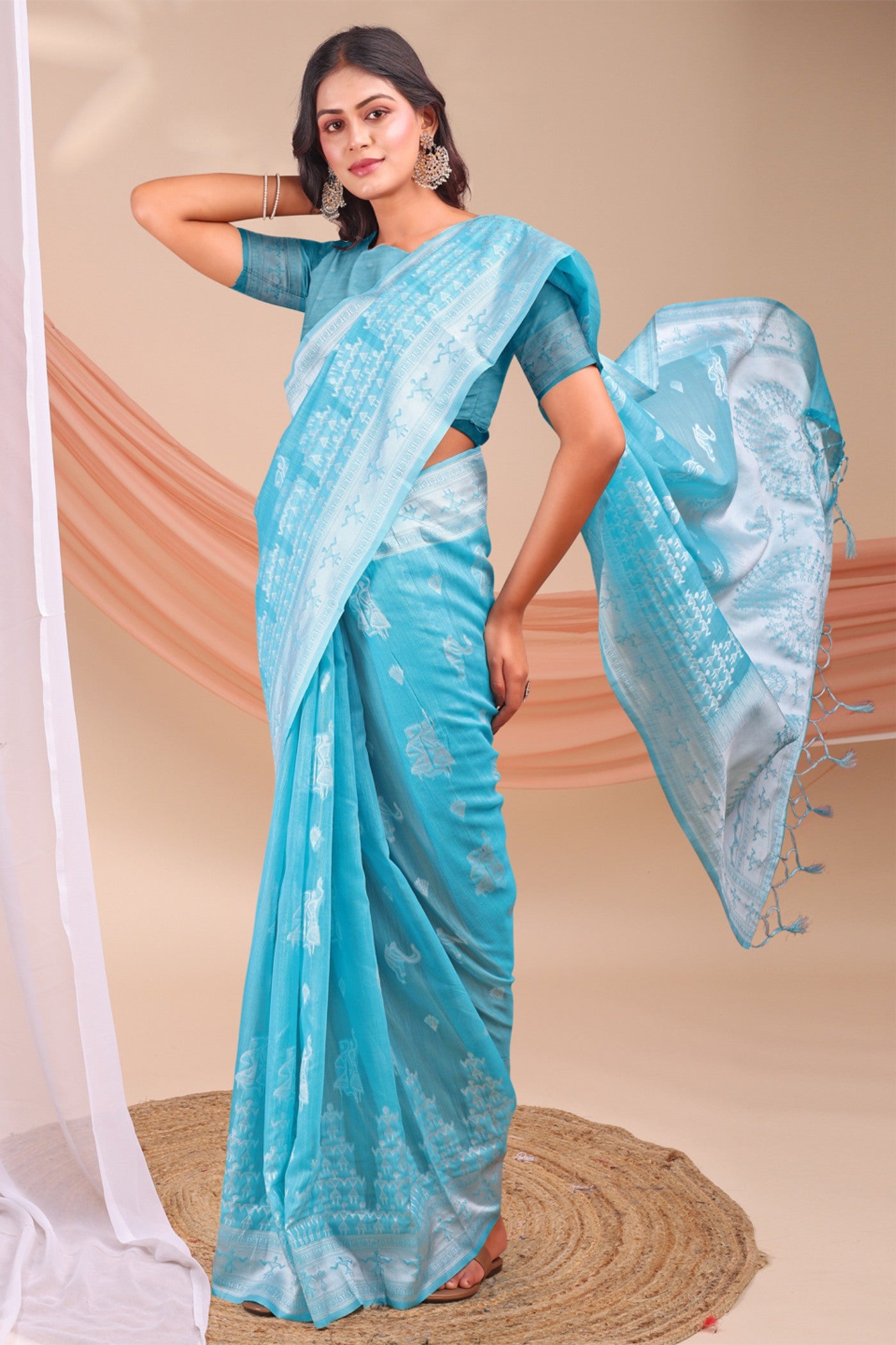 Buy MySilkLove Water Blue Woven Linen Cotton Saree Online