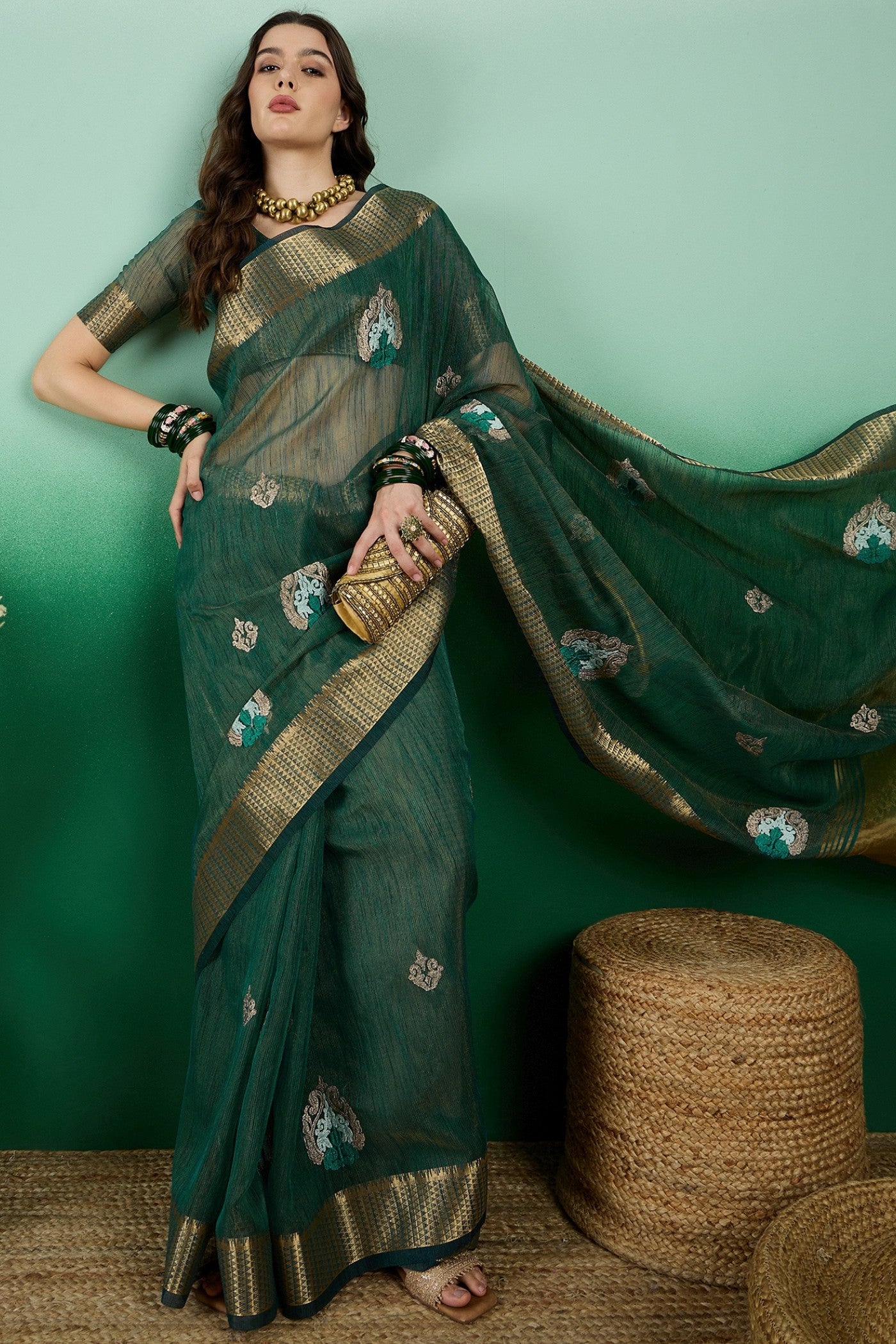 Buy Everglade Green Khadi Organza Saree Online MySilkLove