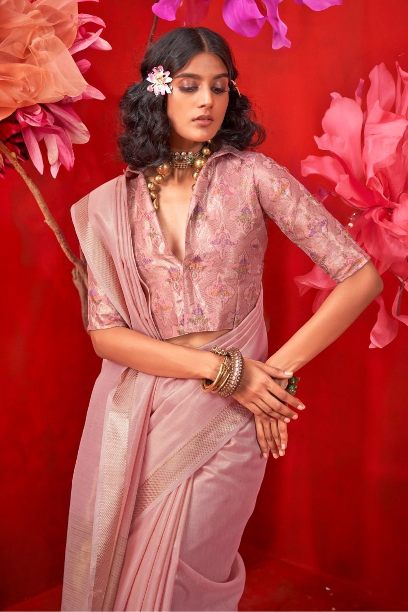 MySilkLove Shilo Pink Tissue Handloom Saree