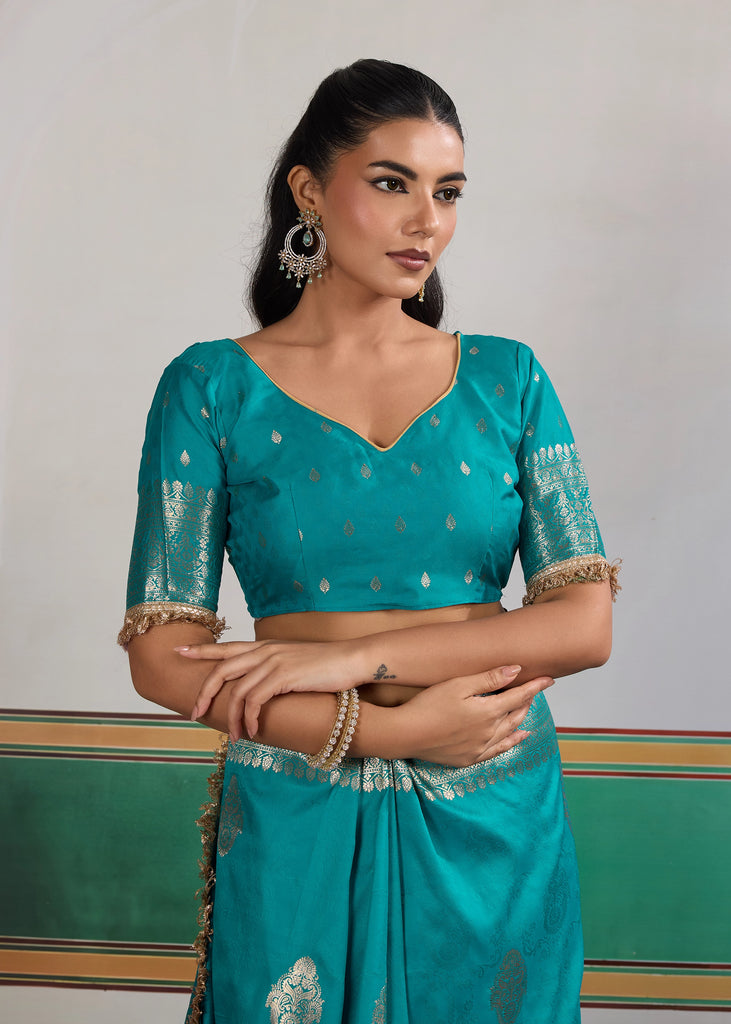 Buy MySilkLove Cyan Bue Woven Banarasi Satin Silk Saree Online