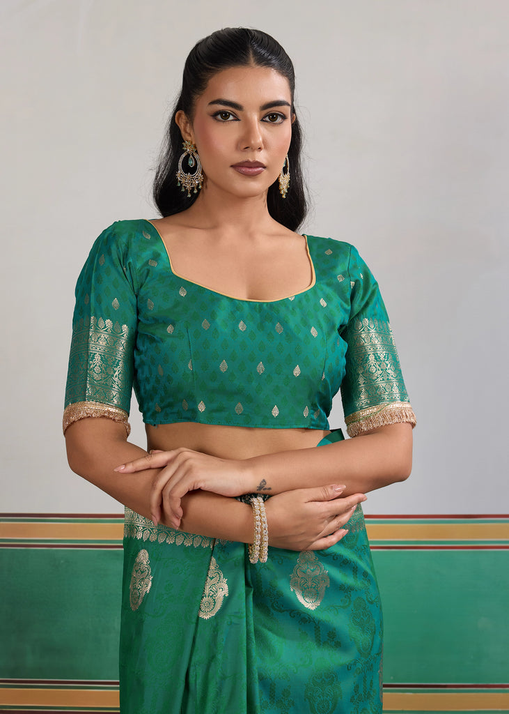 Buy MySilkLove Hunter Green Woven Banarasi Satin Silk Saree Online