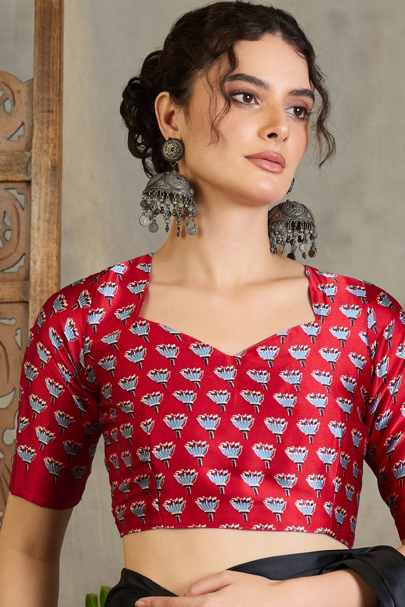 Buy MySilkLove Mini Black and Red Ajrakh Printed Satin Crepe Silk Saree Online