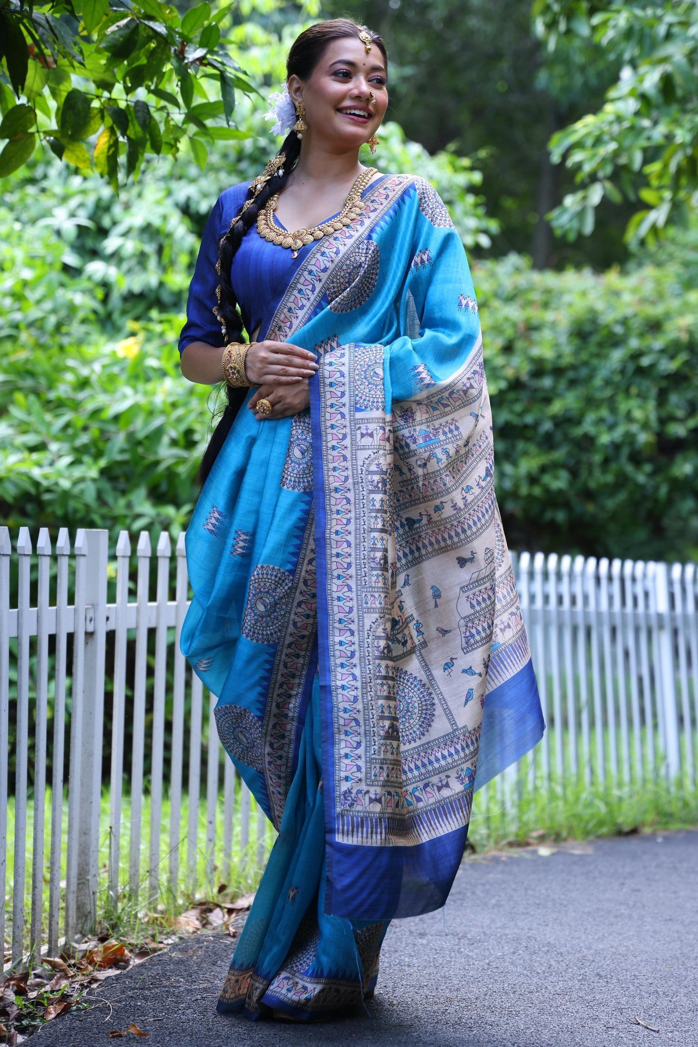 Buy MySilkLove Celtic Blue Madhubani Tussar Printed Silk Saree Online