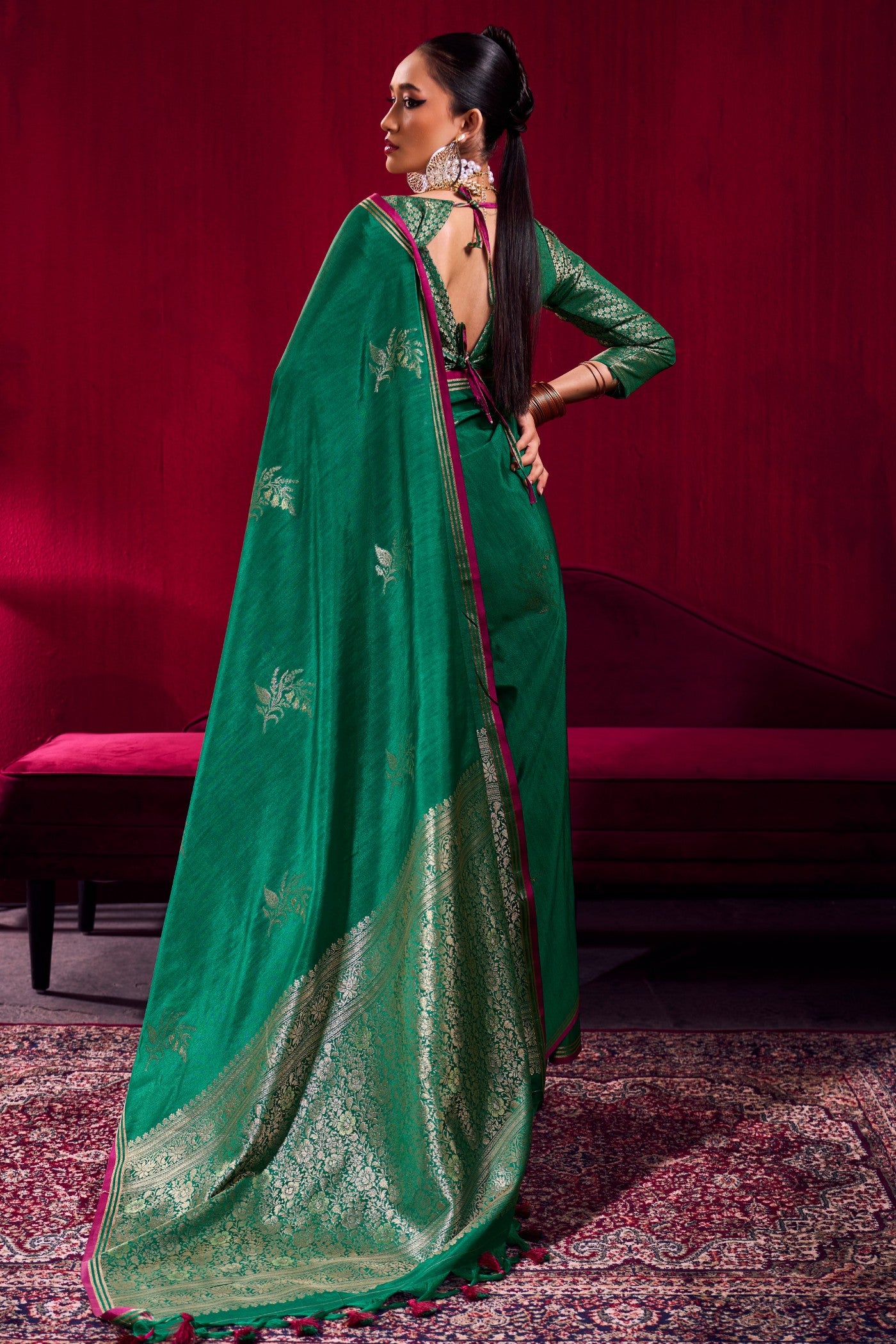 Buy MySilkLove Forest Green Handloom Satin Soft Silk Saree Online