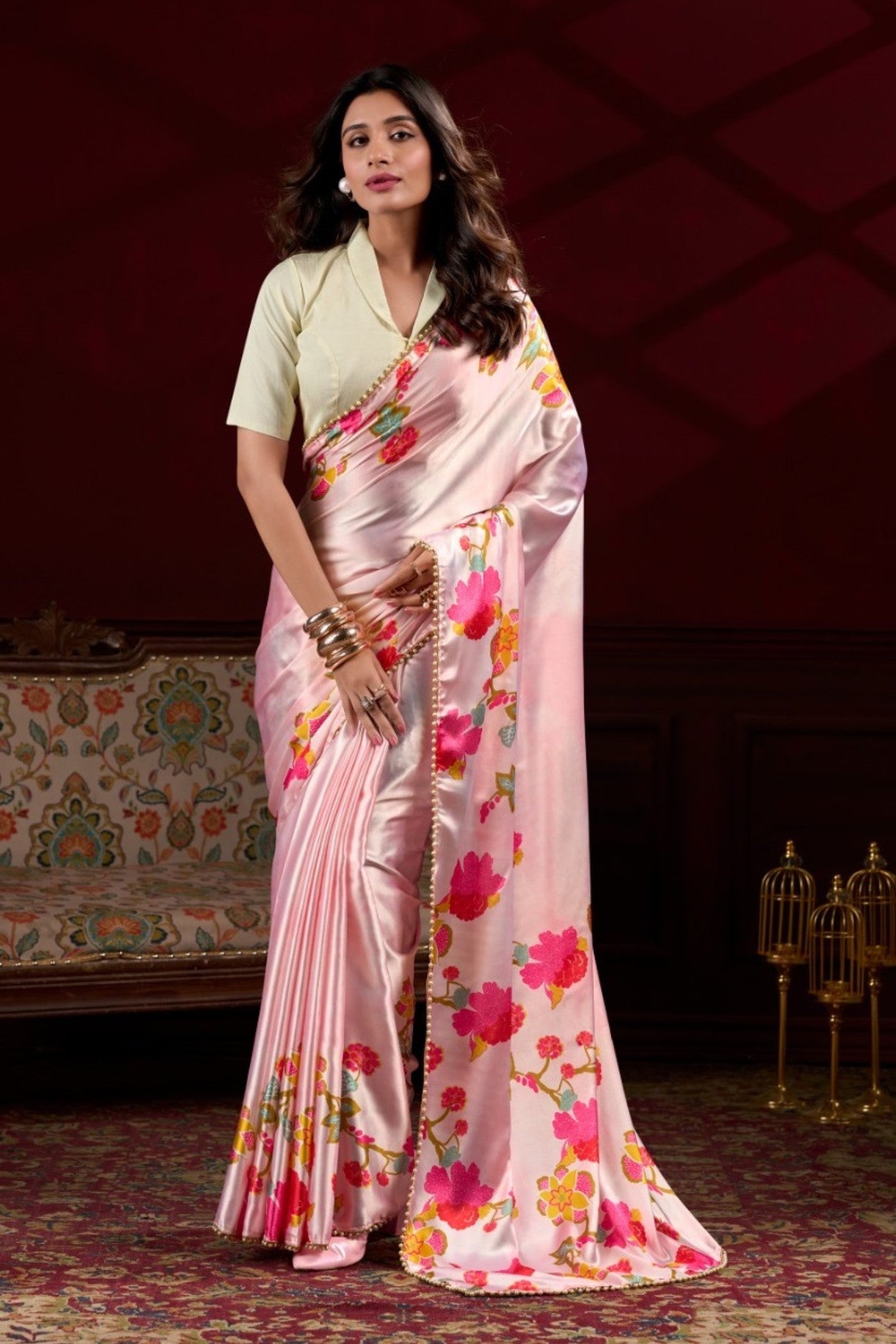 Buy MySilkLove Malibu Peach Floral Printed Satin Silk Saree Online
