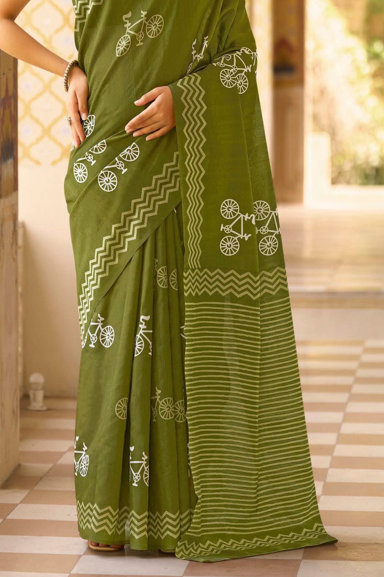 Buy MySilkLove Pesto Corn Green Handblock Printed Saree Online