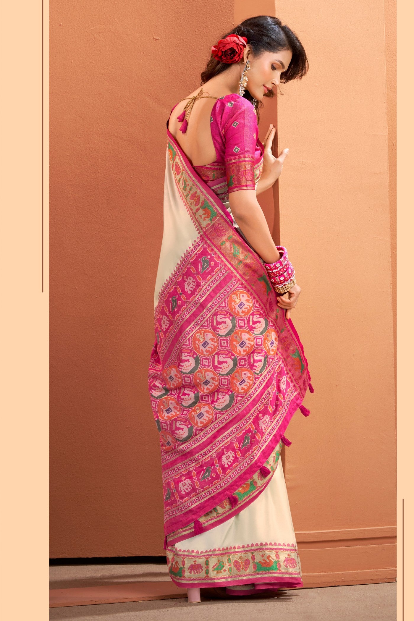 Buy MySilkLove Chiffon Cream Woven Banarasi Patola Silk Saree Online