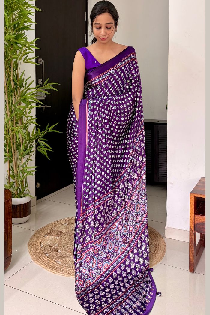 Buy MySilkLove Regalia Purple Modal Ajrakh Satin Printed Mirror Work Saree Online