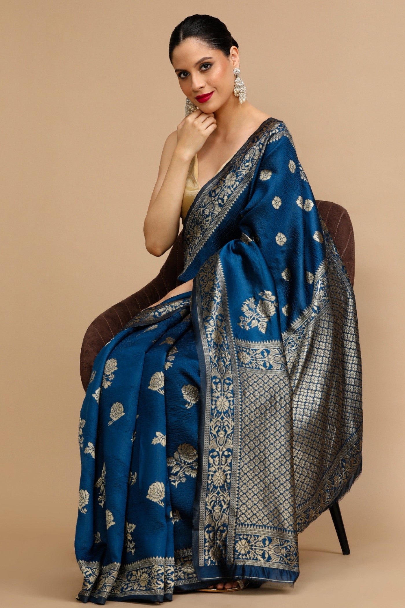 Buy MySilkLove Bismark Blue Woven Jacquard Lichi Silk Saree Online