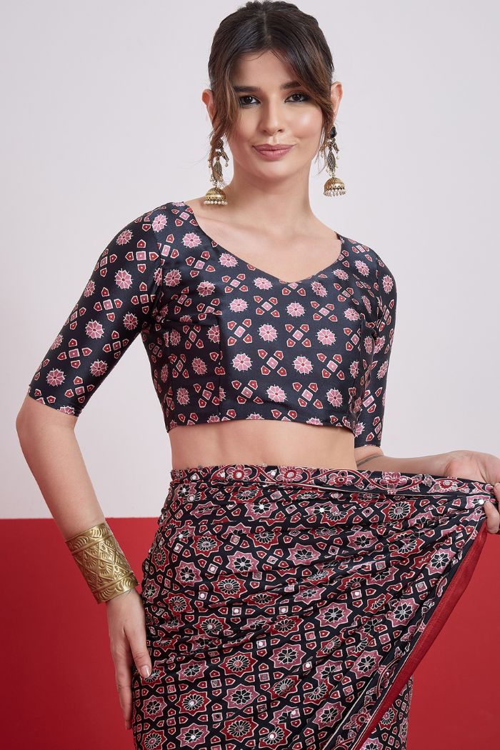 Buy MySilkLove Raven Black Modal Ajrakh Satin Printed Mirror Work Saree Online