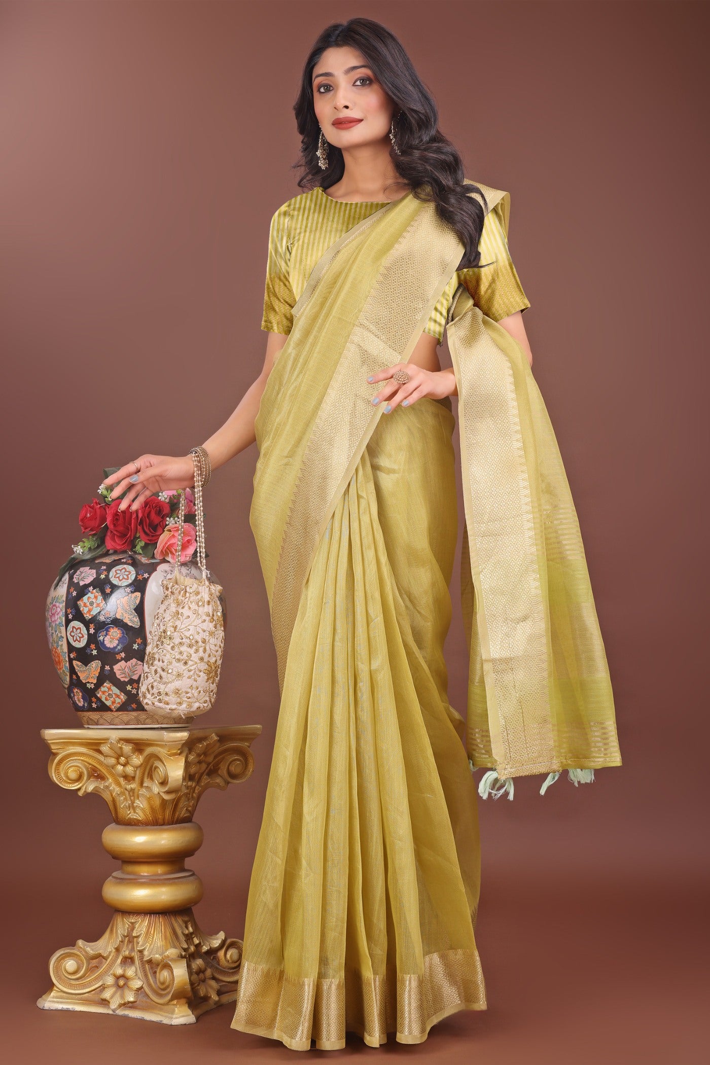 Buy MySilkLove Lemon Yellow Woven Organza Saree Online