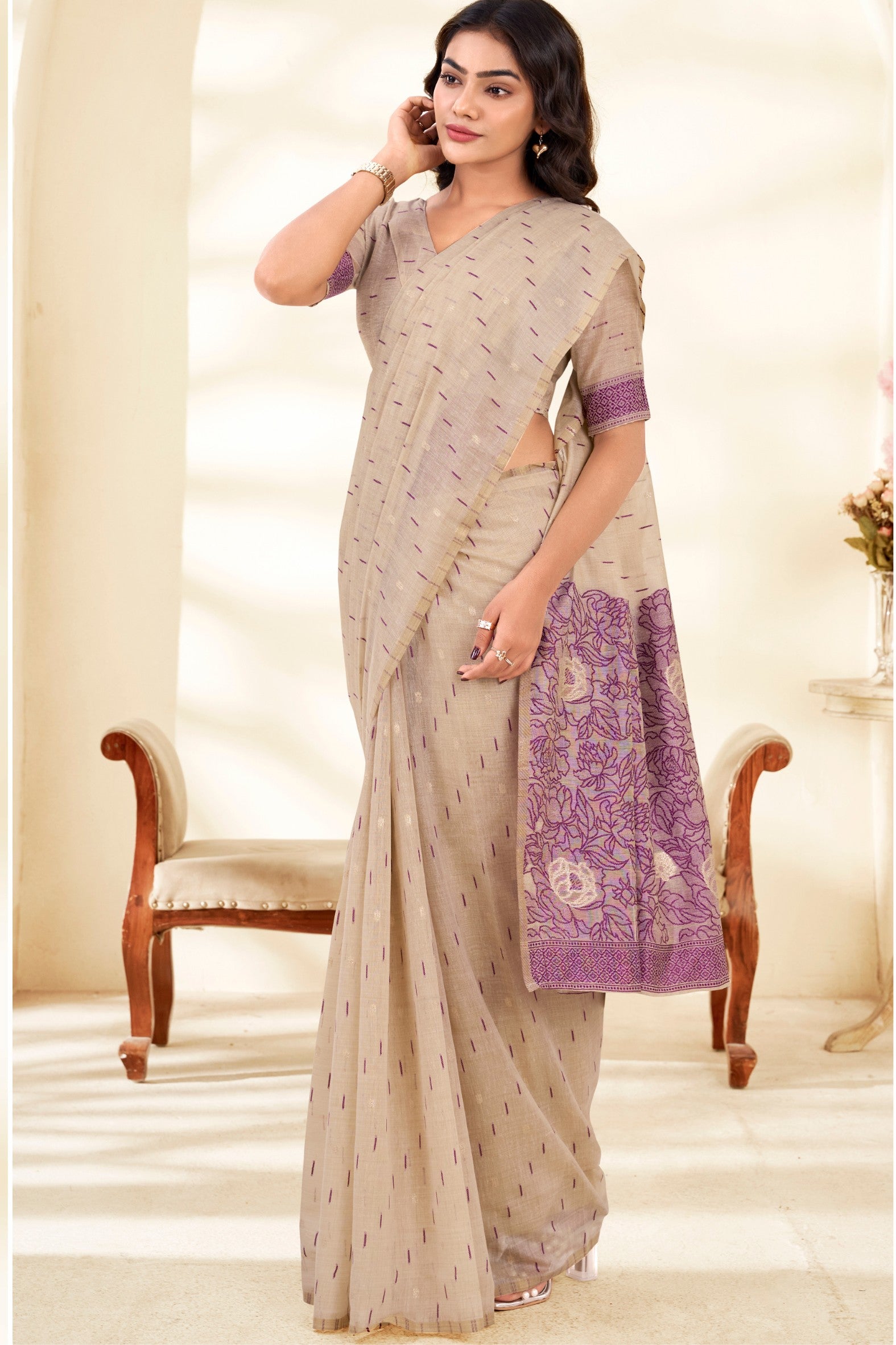 Buy MySilkLove Classic Cream and Purple Woven Modal Cotton Saree Online
