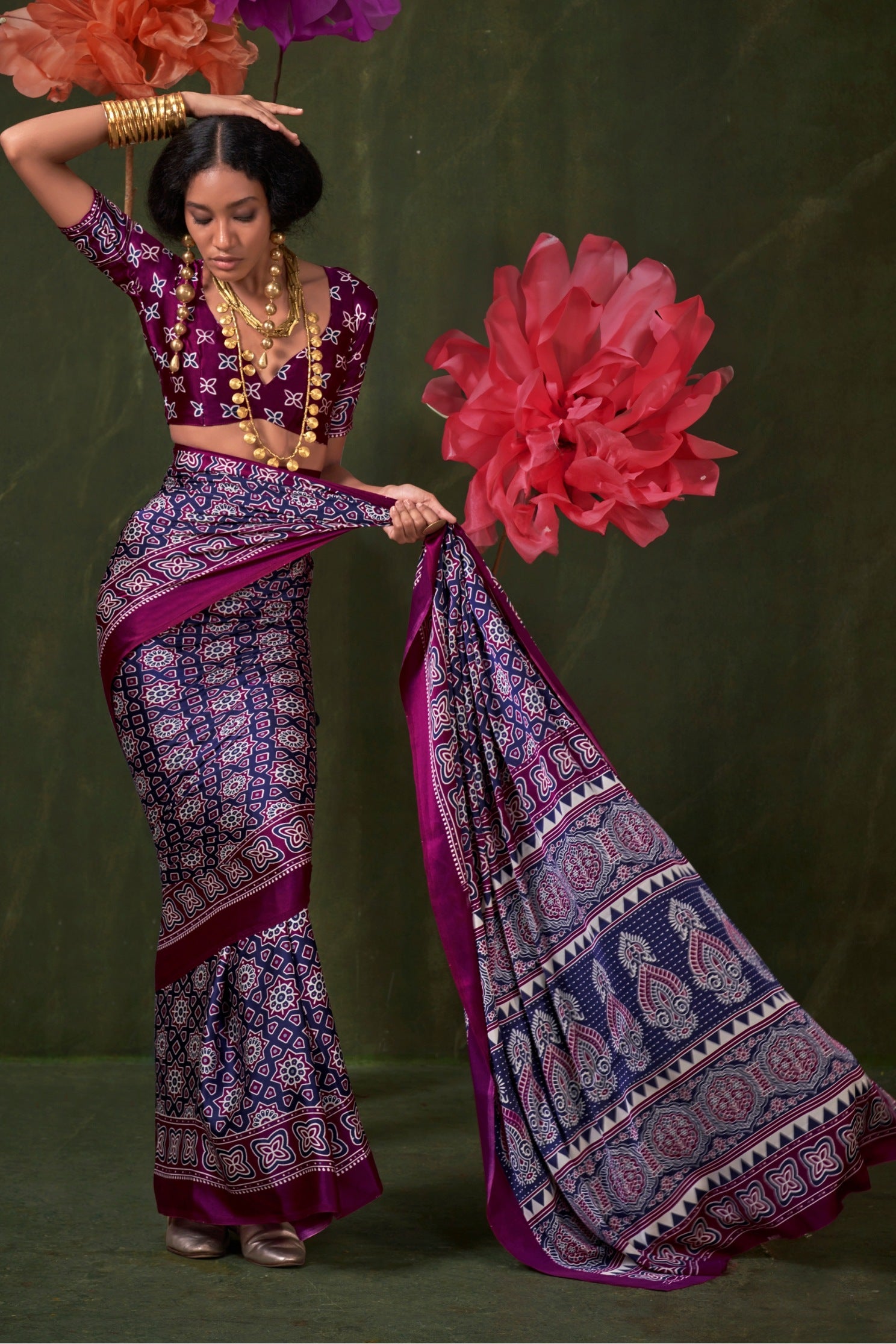 Buy MySilkLove Heather Purple Ajrakh Printed Satin Crepe Silk Saree Online