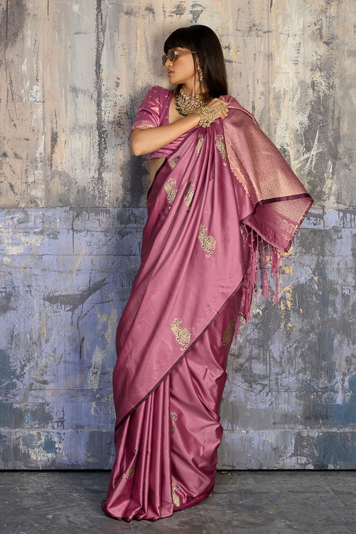 Buy MySilkLove Hot Pink Handloom Satin Soft Silk Saree Online