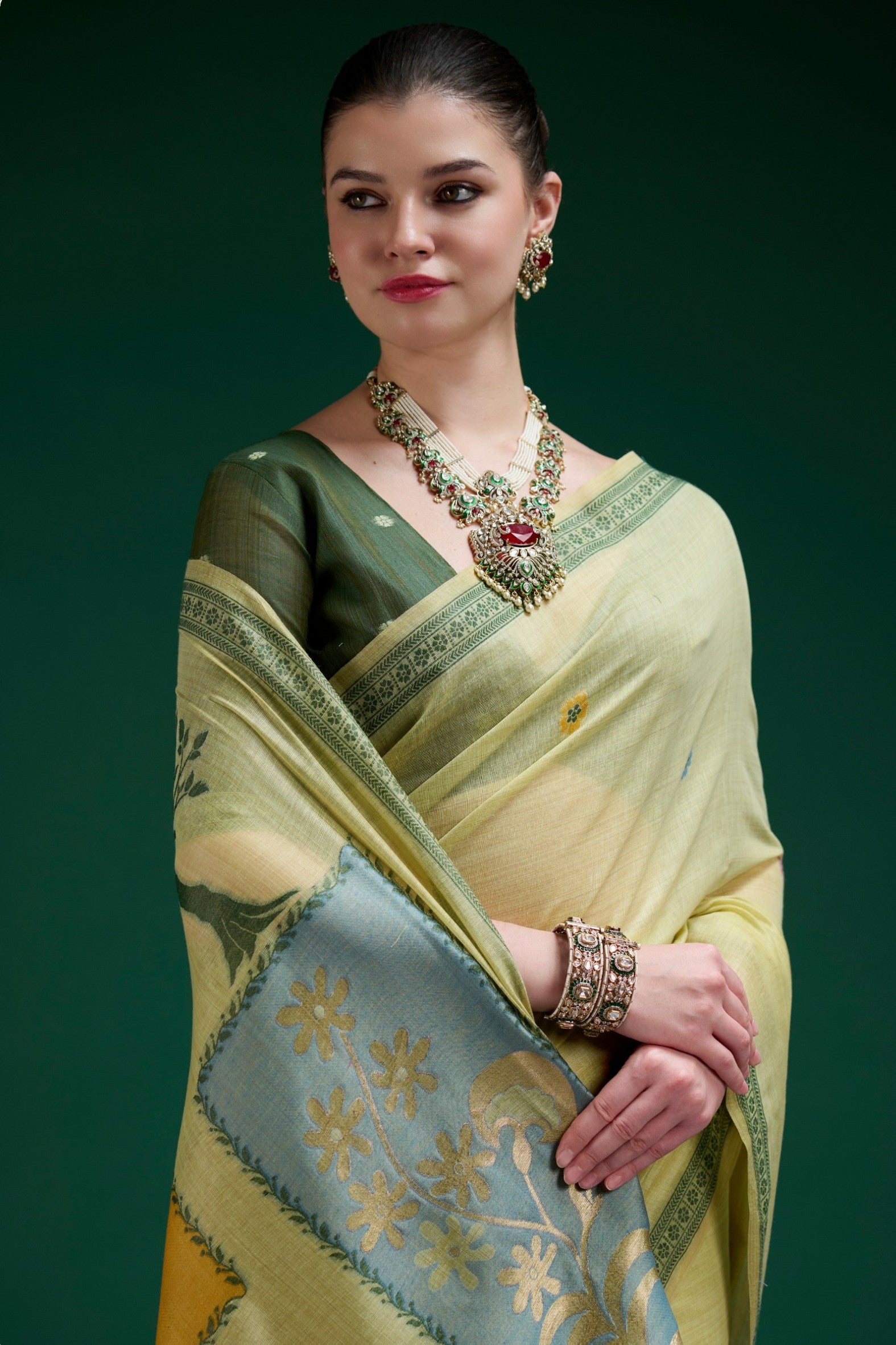 MySilkLove Olive Green Jamdani Woven Muga Cotton Saree
