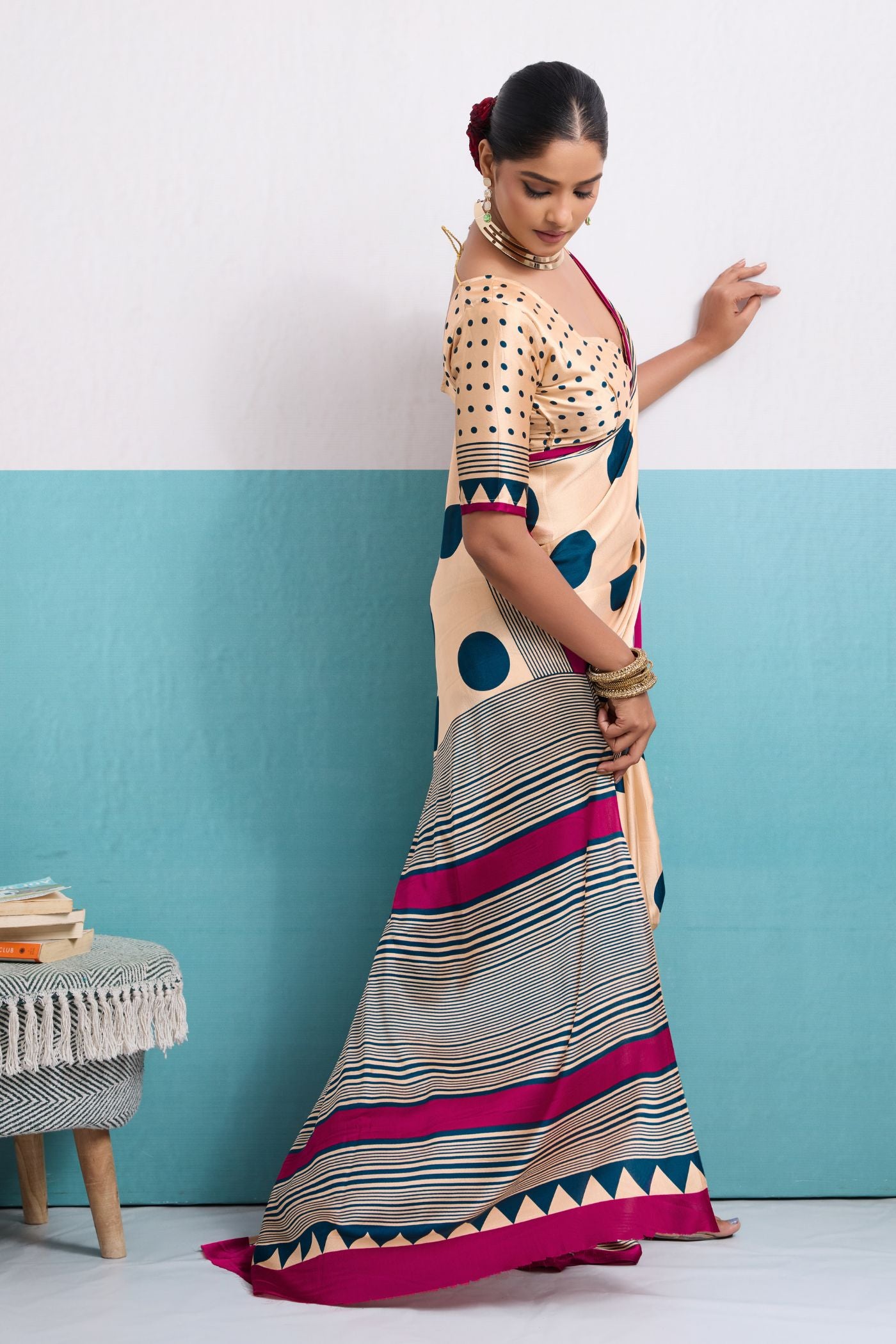 Buy MySilkLove Custard Cream and Blue Polka Dots Satin Crepe Saree Online