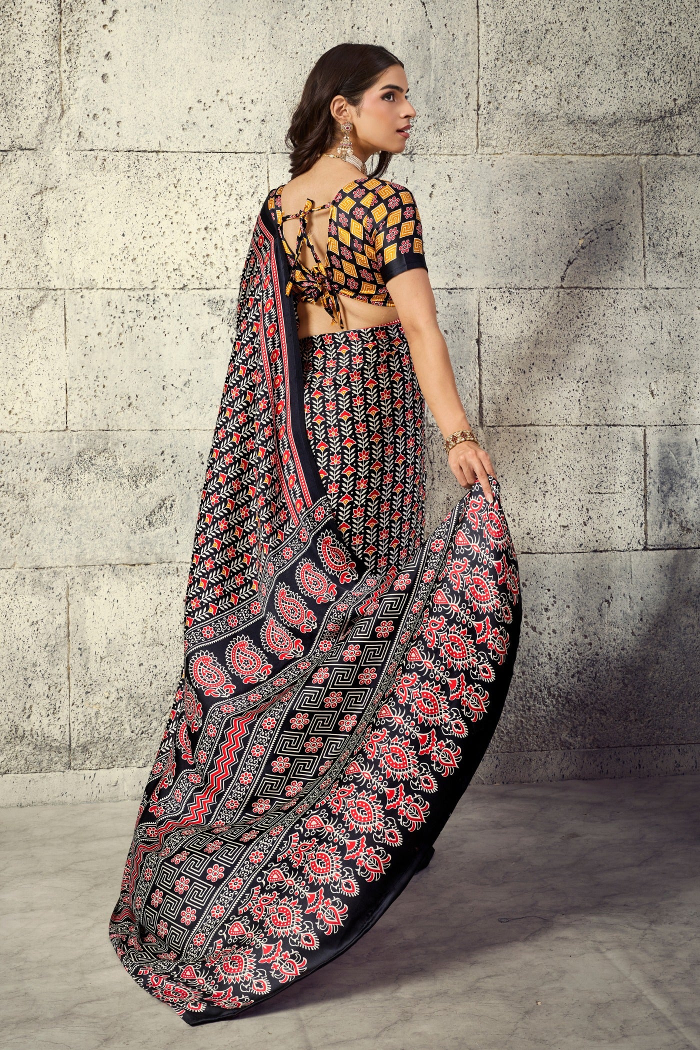 Buy MySilkLove Black Bean Modal Ajrakh Satin Printed Silk Saree Online