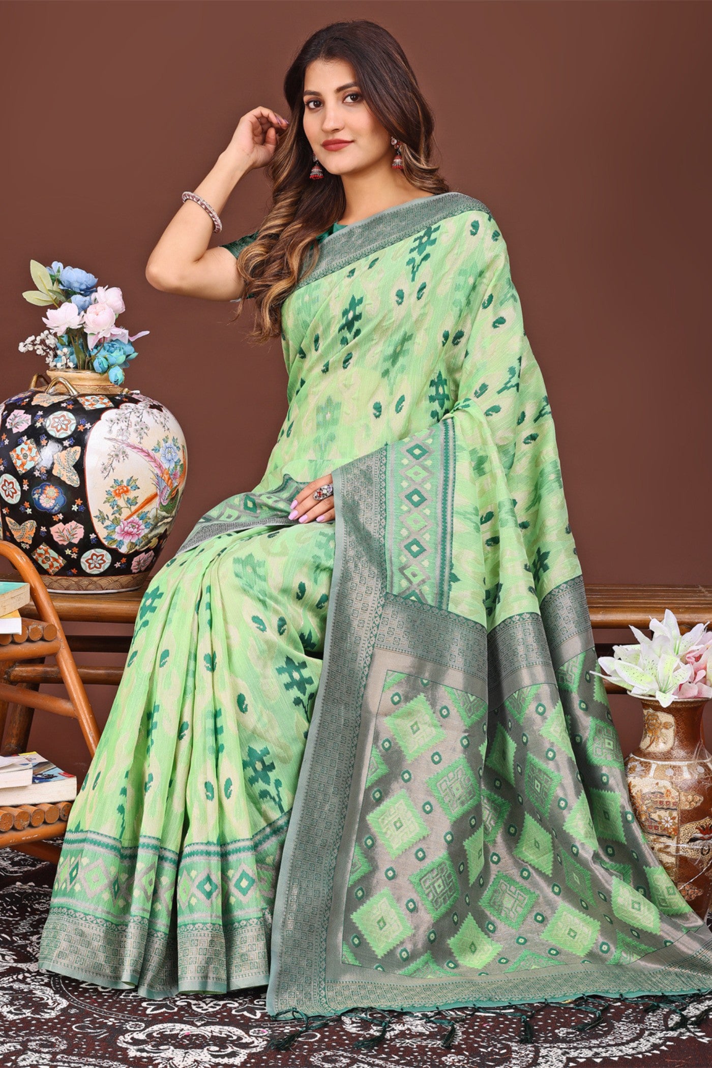 Buy MySilkLove Warm Green Woven Linen Cotton Saree Online
