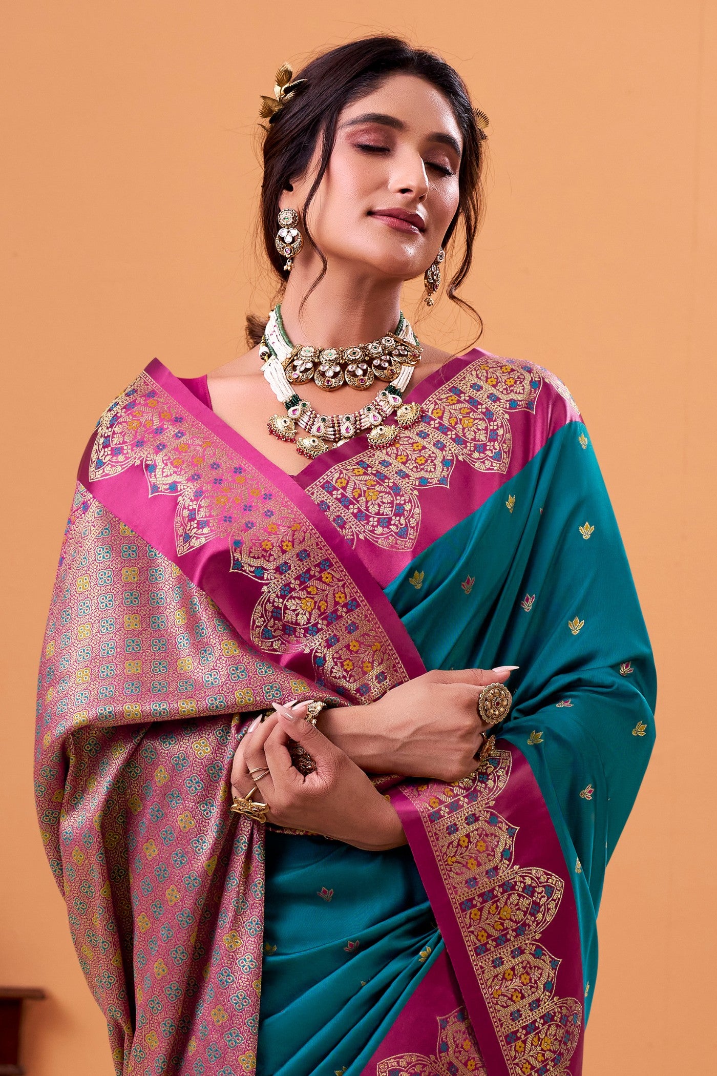 Buy MySilkLove Peacock Blue Woven Satin Soft Silk Saree Online