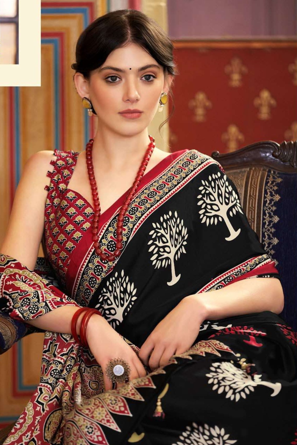 Buy MySilkLove Shark Black and Red Ajrakh Printed Satin Crepe Saree Online