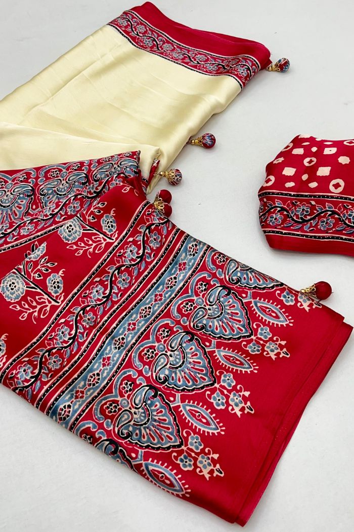 Buy MySilkLove Dust Cream and Red Ajrakh Printed Satin Gaji Silk Saree Online