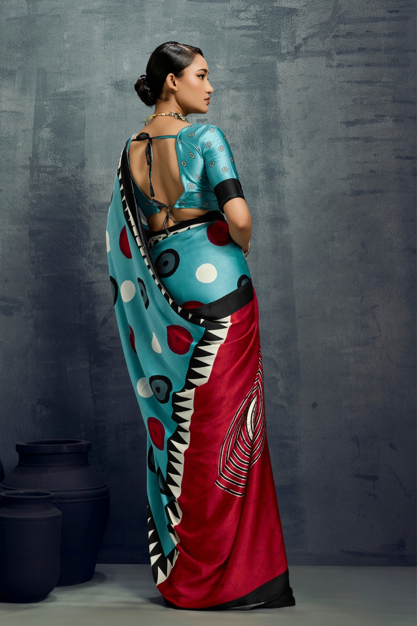 Buy MySilkLove Dusty Blue Ajrakh Printed Satin Crepe Silk Saree Online