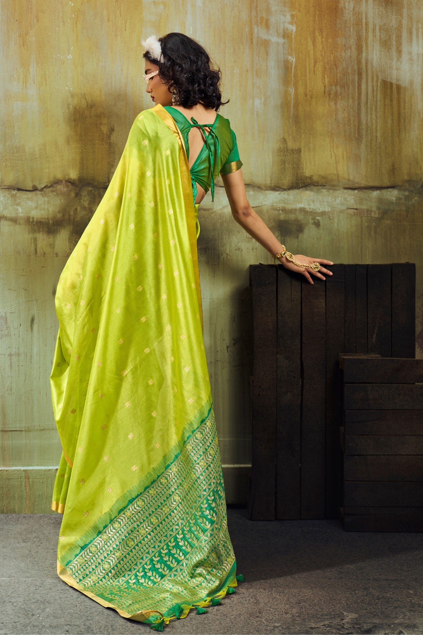 Buy MySilkLove Neon Green Tussar Handloom Silk Saree Online