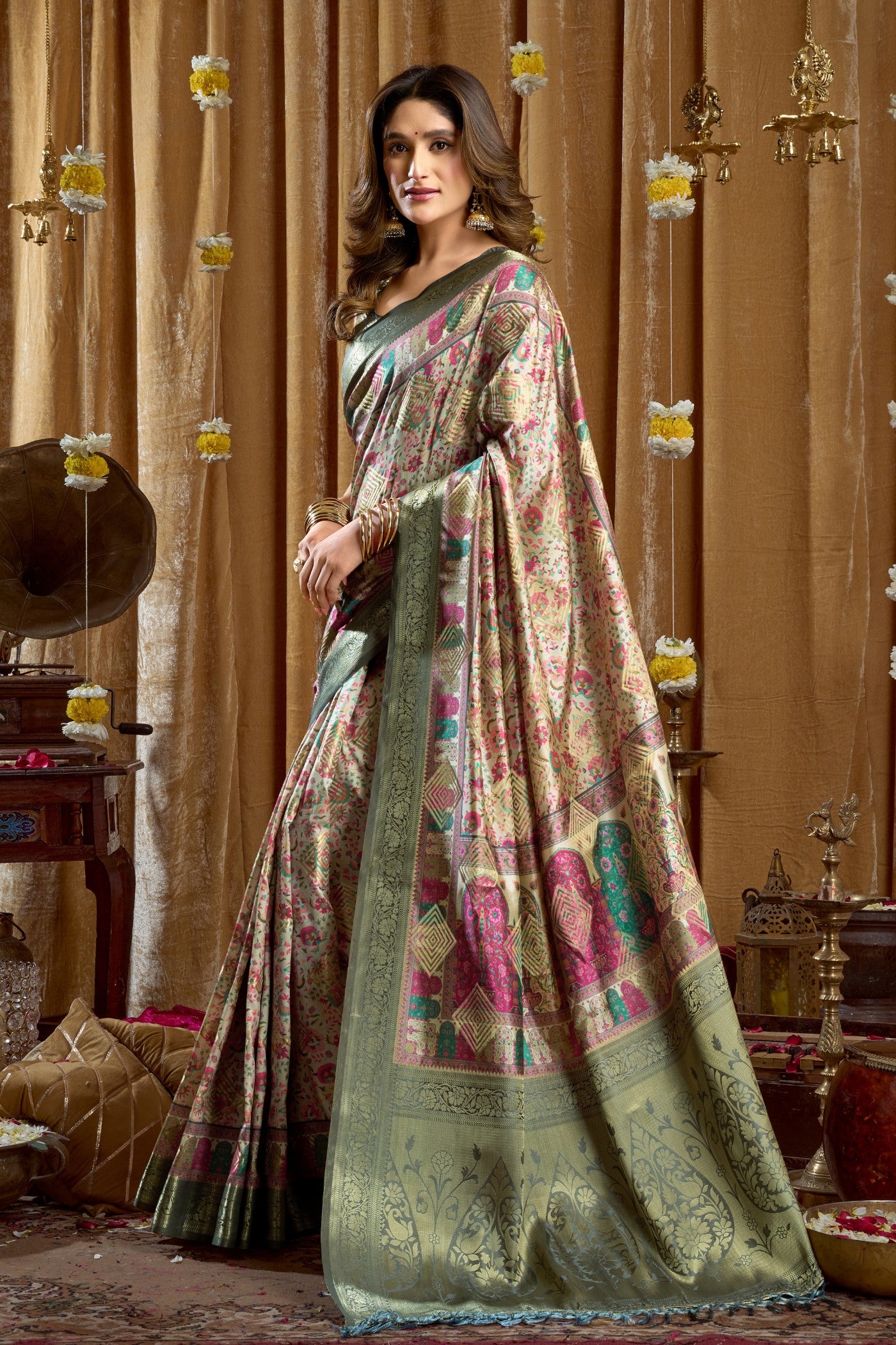 Buy MySilkLove Porcelain Cream and Green Digital Printed Banarasi Saree Online