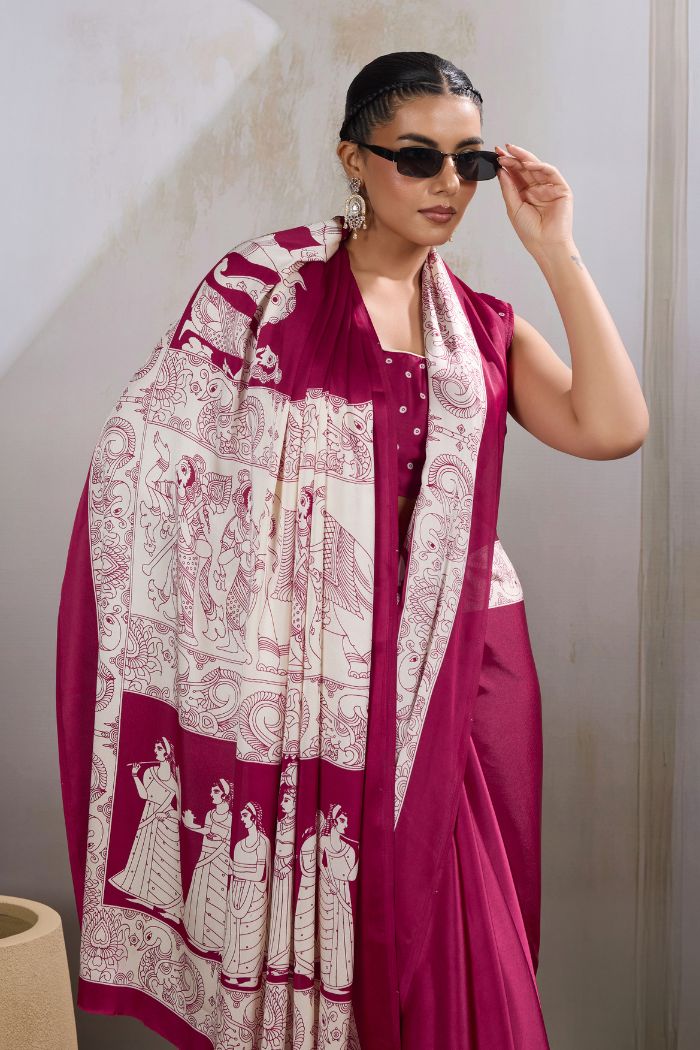 Buy MySilkLove Cherry Maroon Modal Ajrakh Printed Satin Silk Saree Online