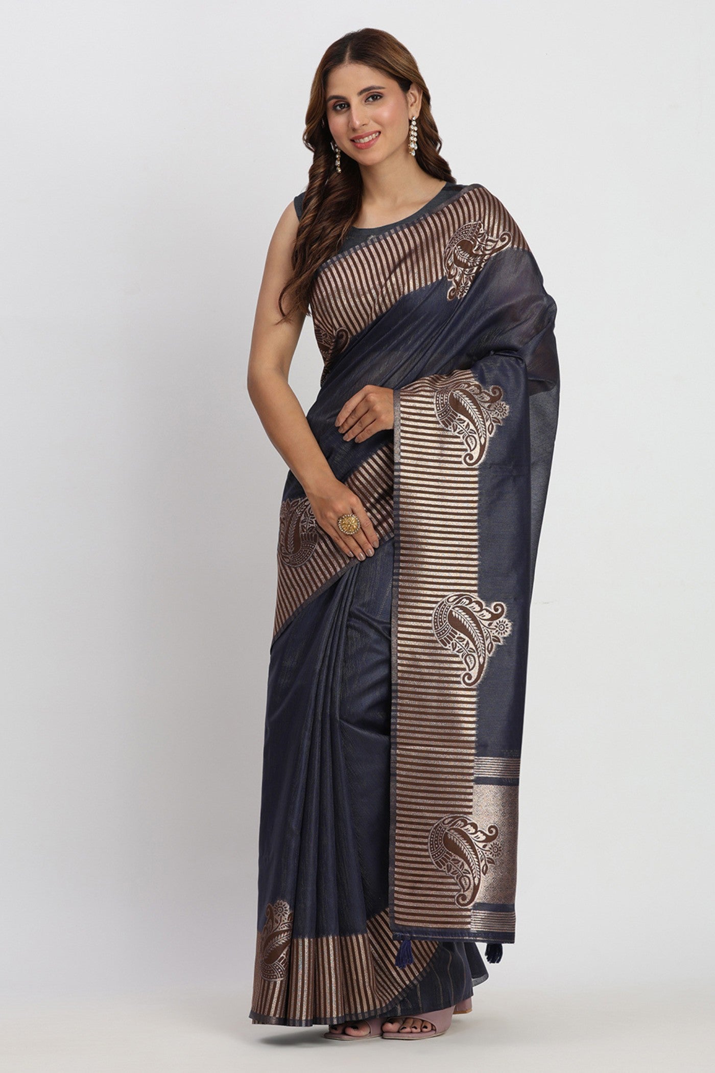 Buy MySilkLove Navy Blue Woven Linen Cotton Saree Online