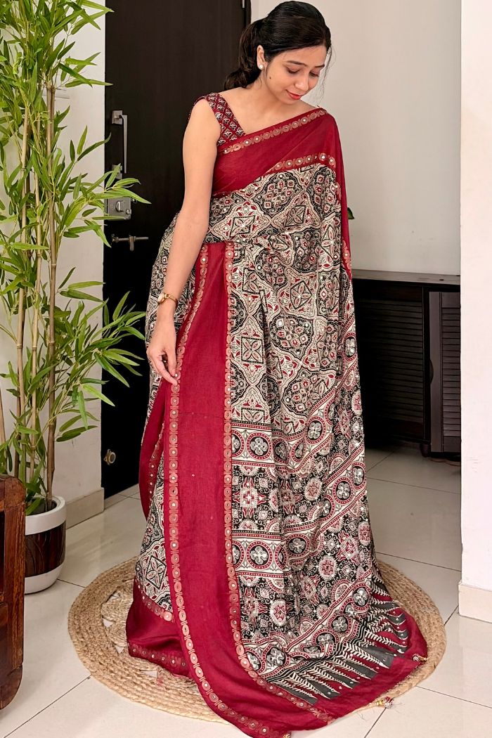 Buy MySilkLove Beige Red and Red Modal Ajrakh Satin Printed Mirror Work Saree Online