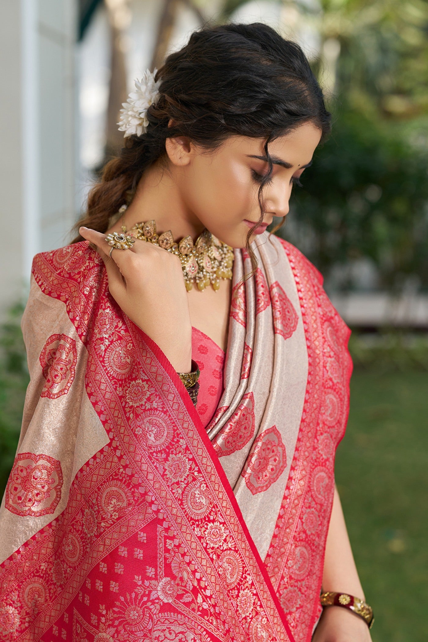 MySilkLove Misty Cream and Pink Woven Banarasi Saree