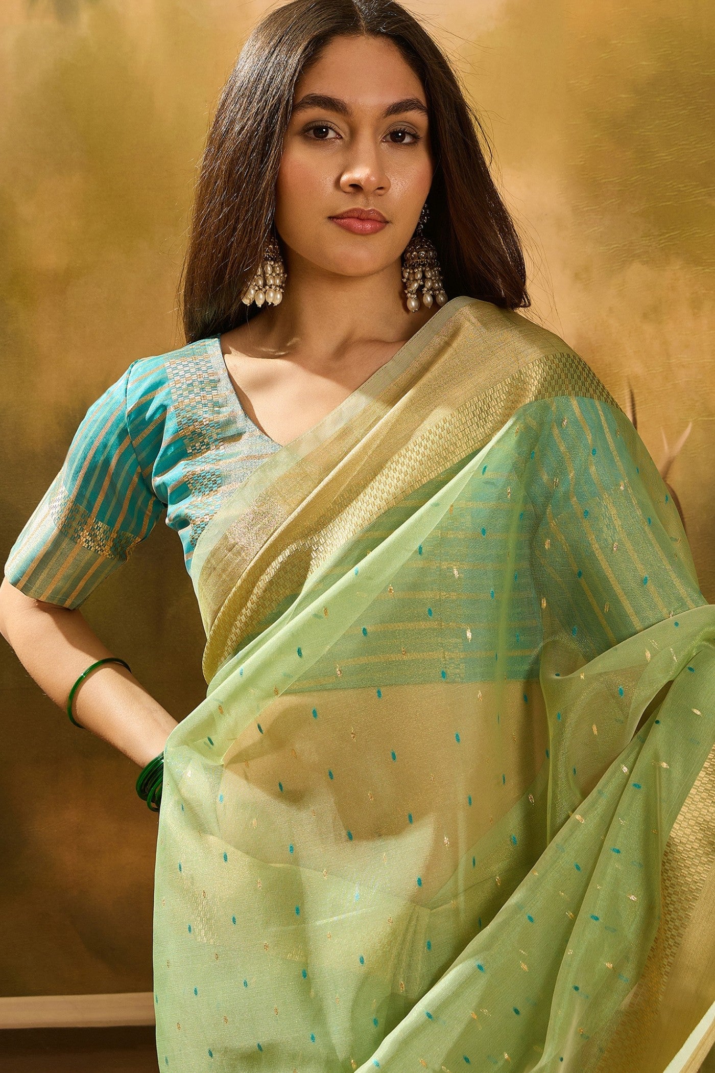 Buy MySilkLove Gin Green Woven Organza Saree Online
