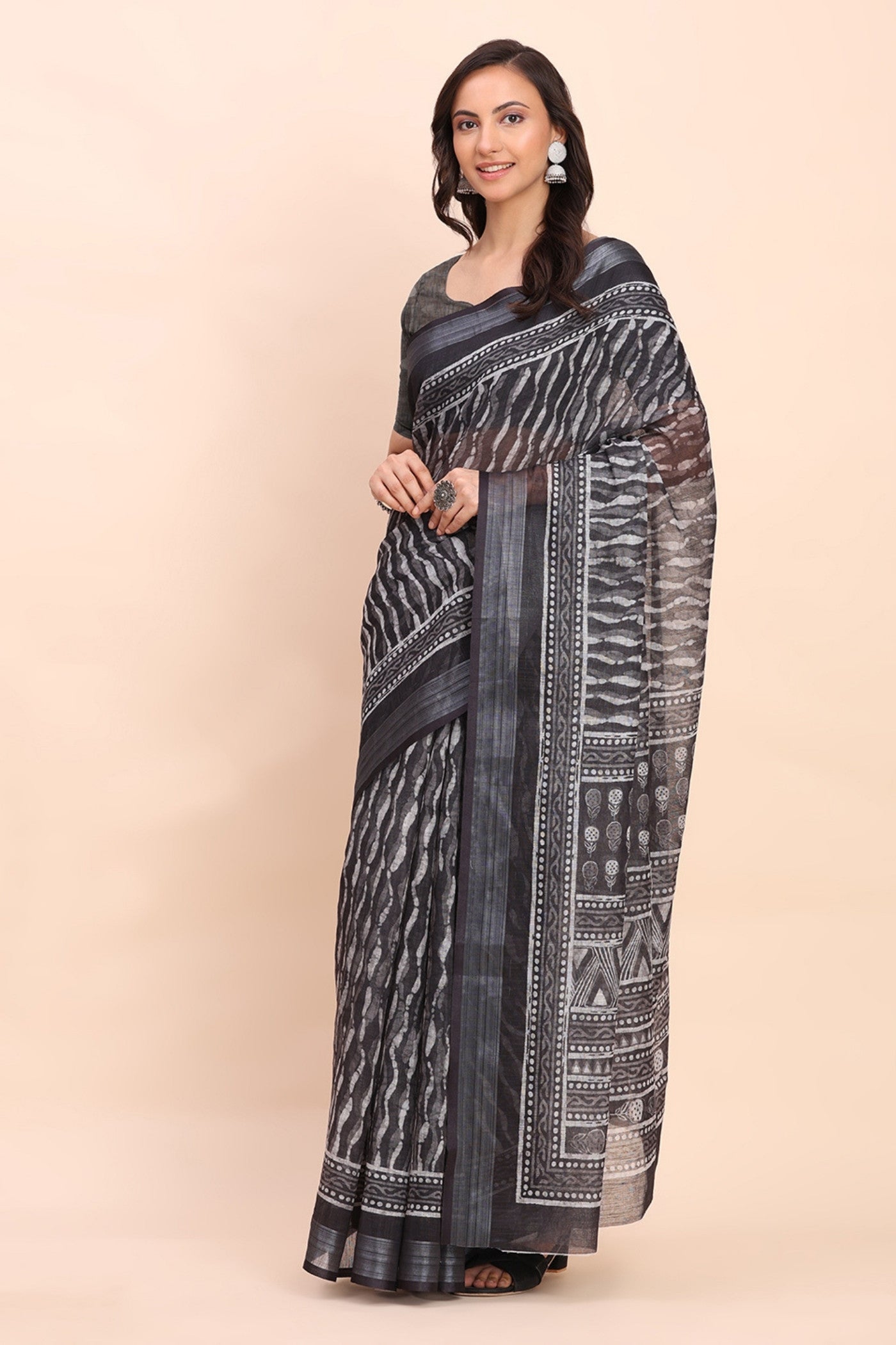 Buy MySilkLove Battleship Grey Woven Linen Cotton Saree Online