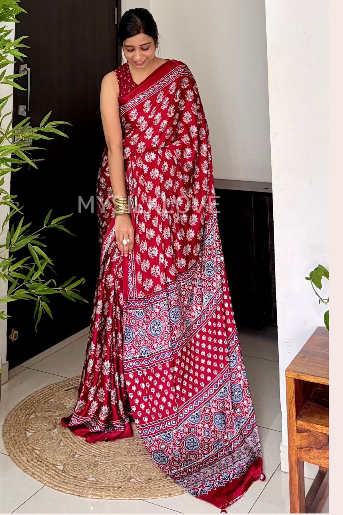 Buy MySilkLove Poppy Red Modal Ajrakh Satin Printed Mirror Work Saree Online