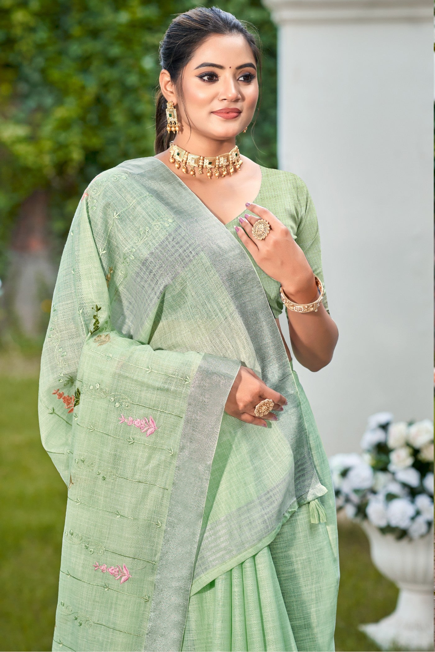 MySilkLove Mint Green Woven Cotton Linen Saree