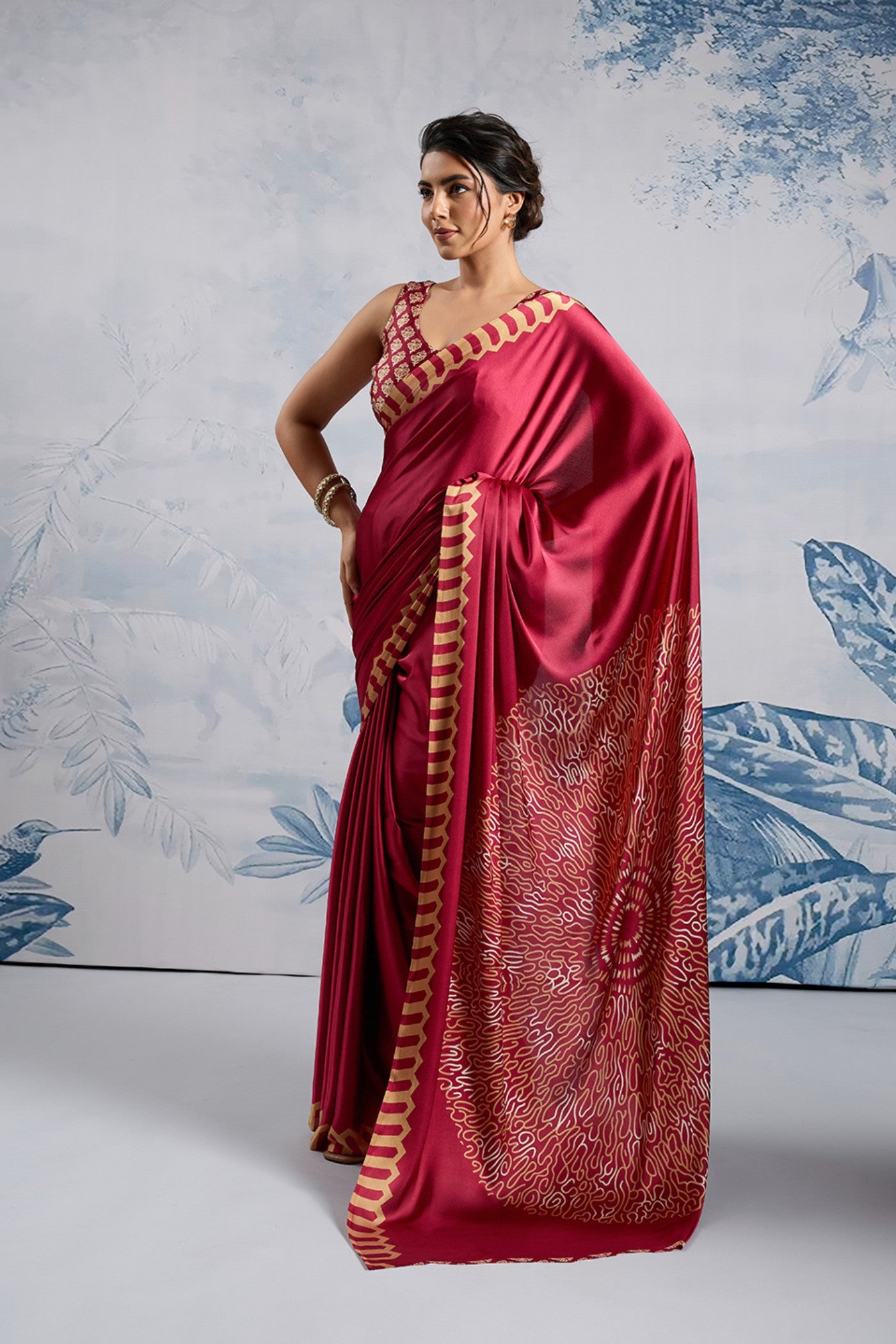 Buy MySilkLove Spark Red Printed Satin Crepe Silk Saree Online