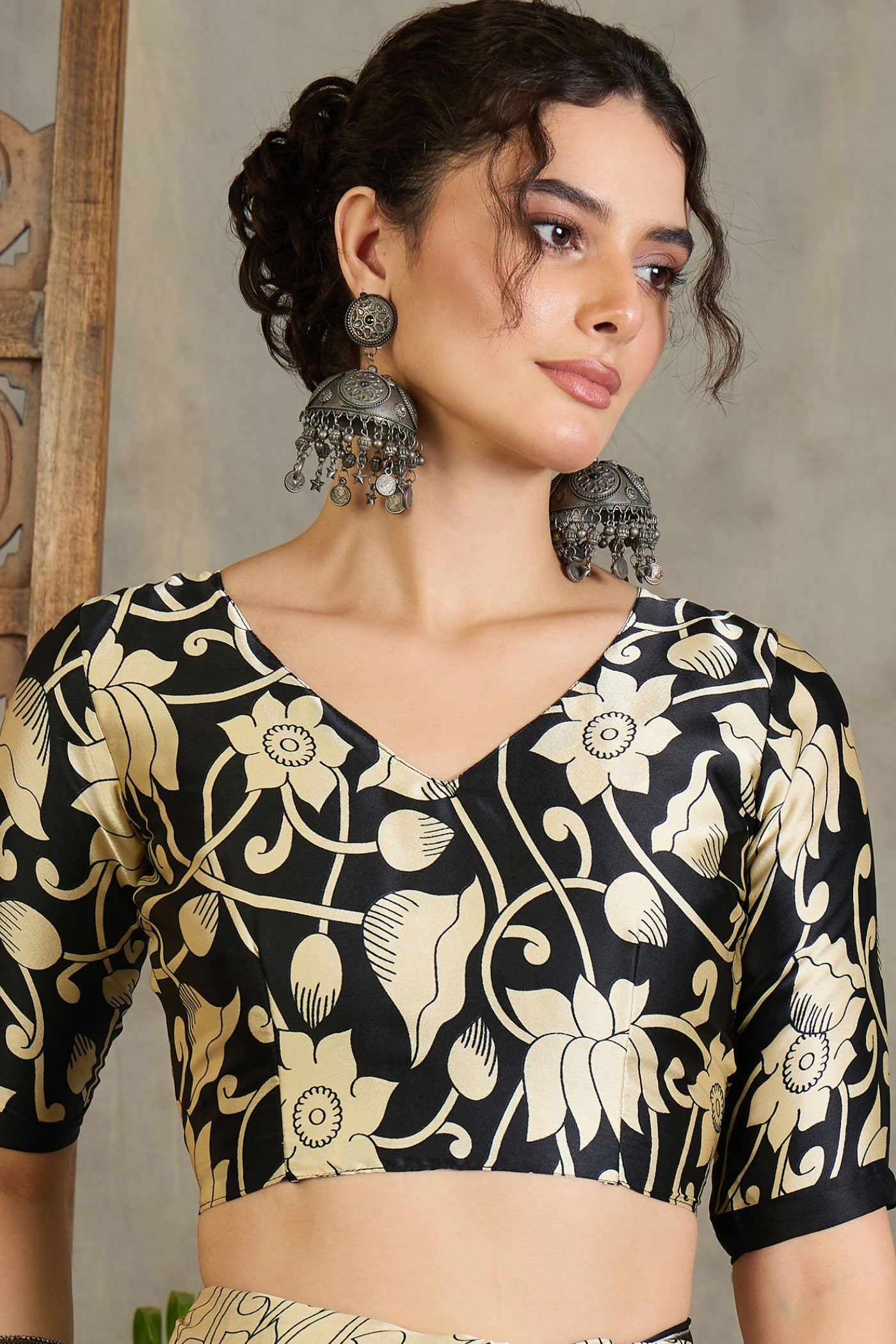 Buy MySilkLove Crow Black and Cream Kalamkari Printed Satin Silk Saree Online