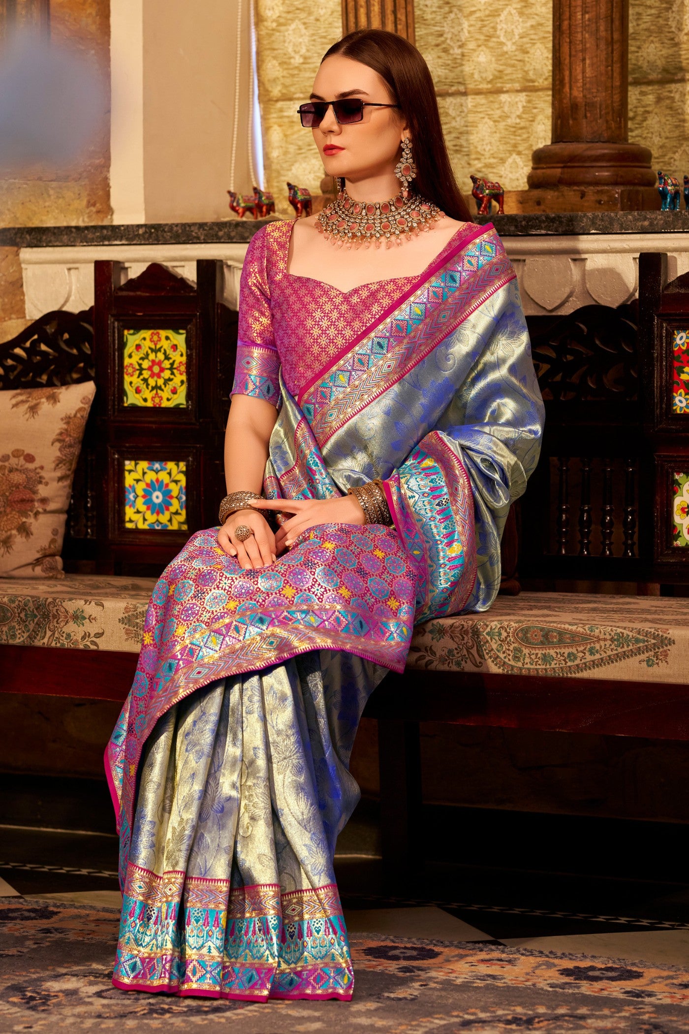 Buy MySilkLove Cobalt Blue Zari Woven Tissue Silk Saree Online