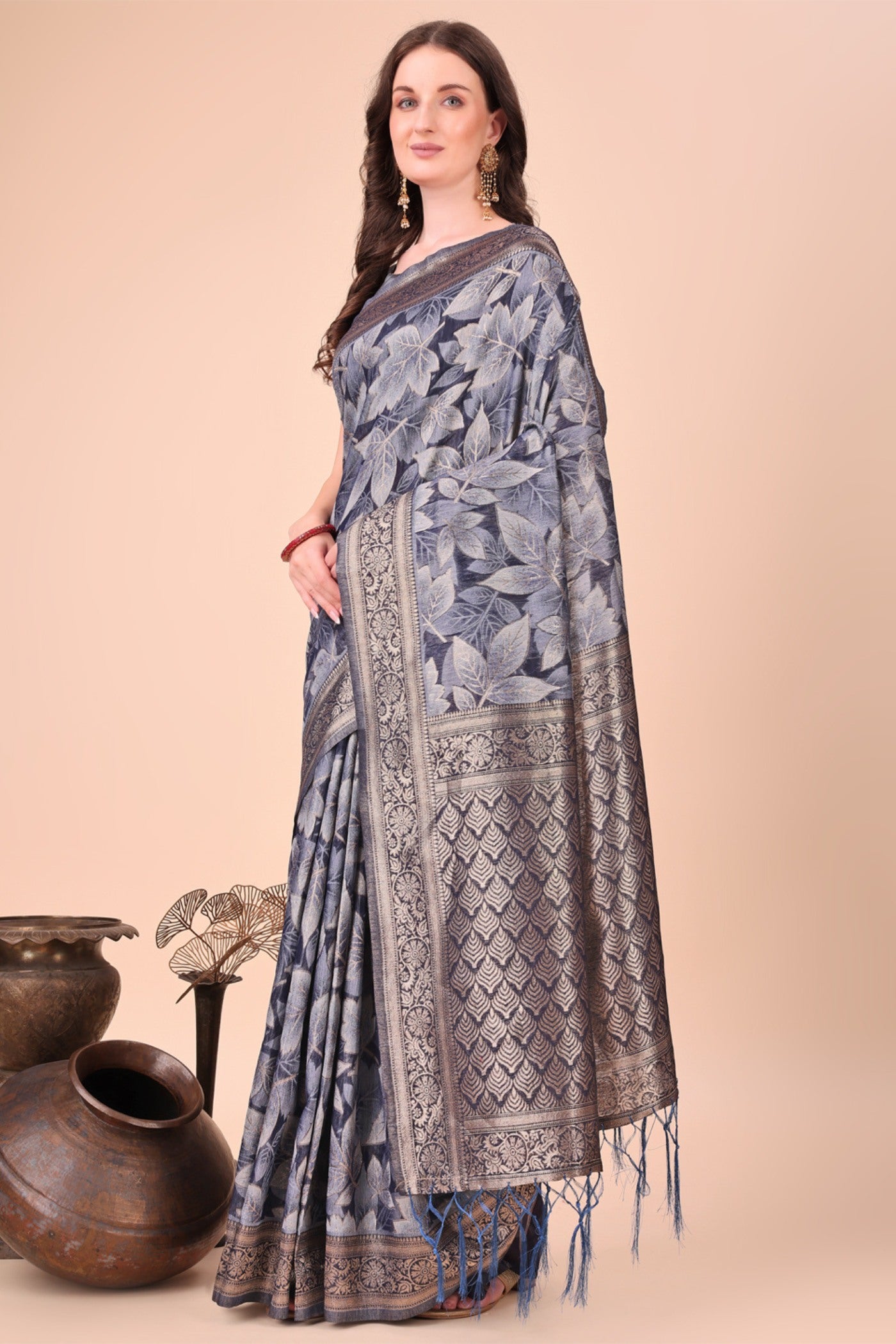 Buy MySilkLove Cement Grey Woven Cotton Saree Online
